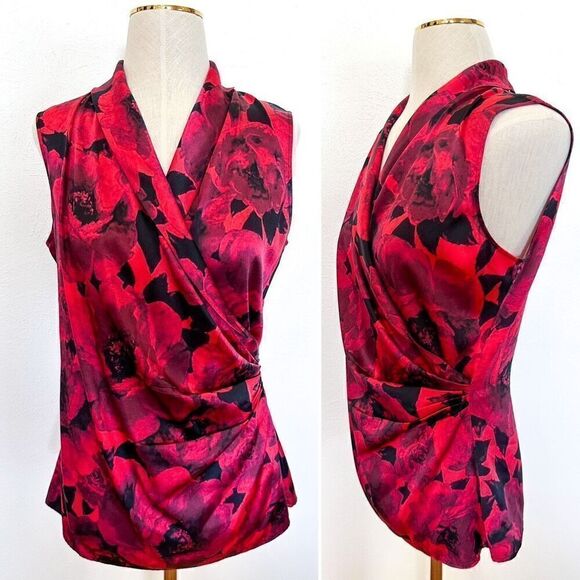 St. John Silk Stretch Red Floral Satin Blouse - Picture 2 of 5